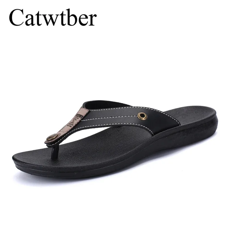 Catwtber 2018 Марка Лето Качество Пляжные сланцы Для мужчин Pu кожаные шлепанцы мужские