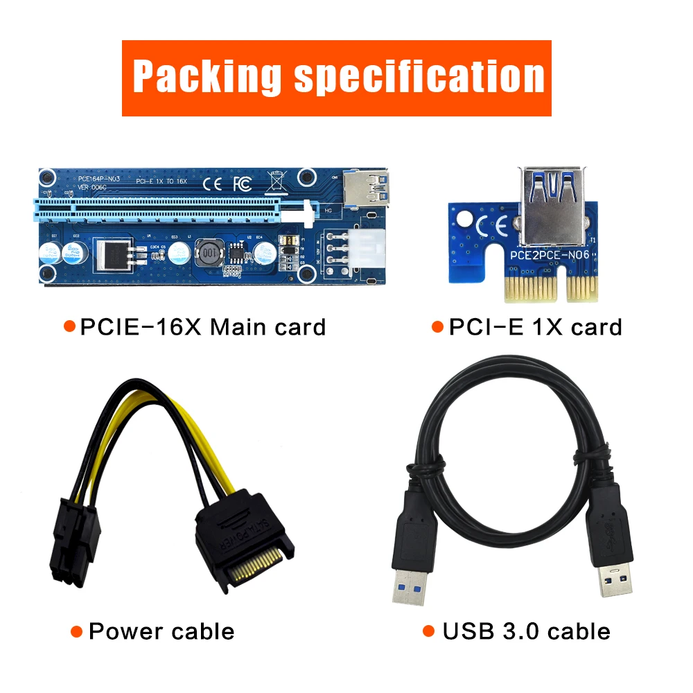 TISHRIC Riser Card 6Pin VER 006C 1x к 16x pcie PCI Express PCI-E адаптер USB 3 0 кабель SATA Power Bitcoin Miner |
