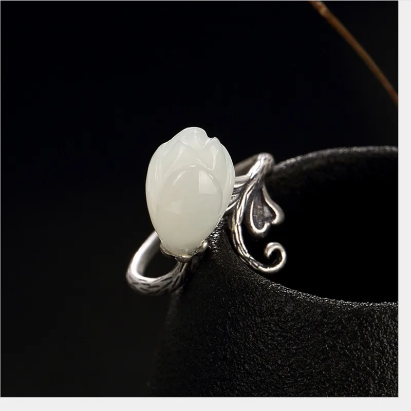 Uglyless 100% Real 925 Sterling Silver Handmade Leaf Rings for Women Thai Fine Jewelry Natural Jade Magnolia Finger Ring | Украшения и
