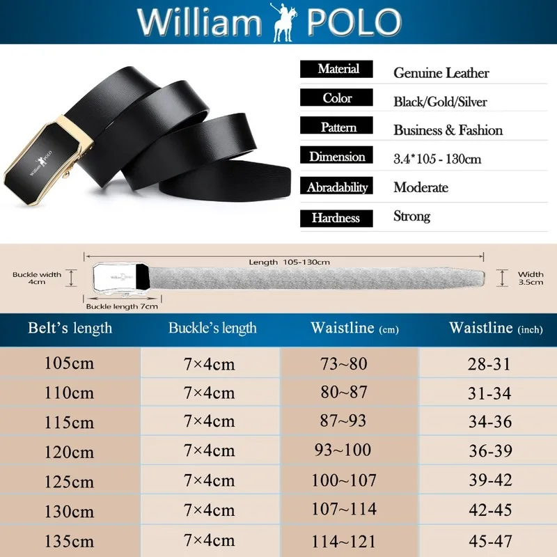 Williampolo Fashion Buckle with Luxury Ratchet Genuine Leather Belt Designer Male High Quality Belts gifts for men PL18419-21P | Аксессуары