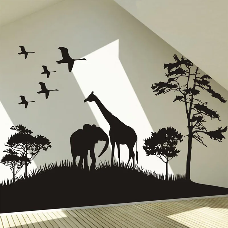 Big Size Safari Africa Animals Wall Sticker Elphant Tree Grass Wall Decal Giraffe Animal Room Wall Sticker Home Decorative Decor