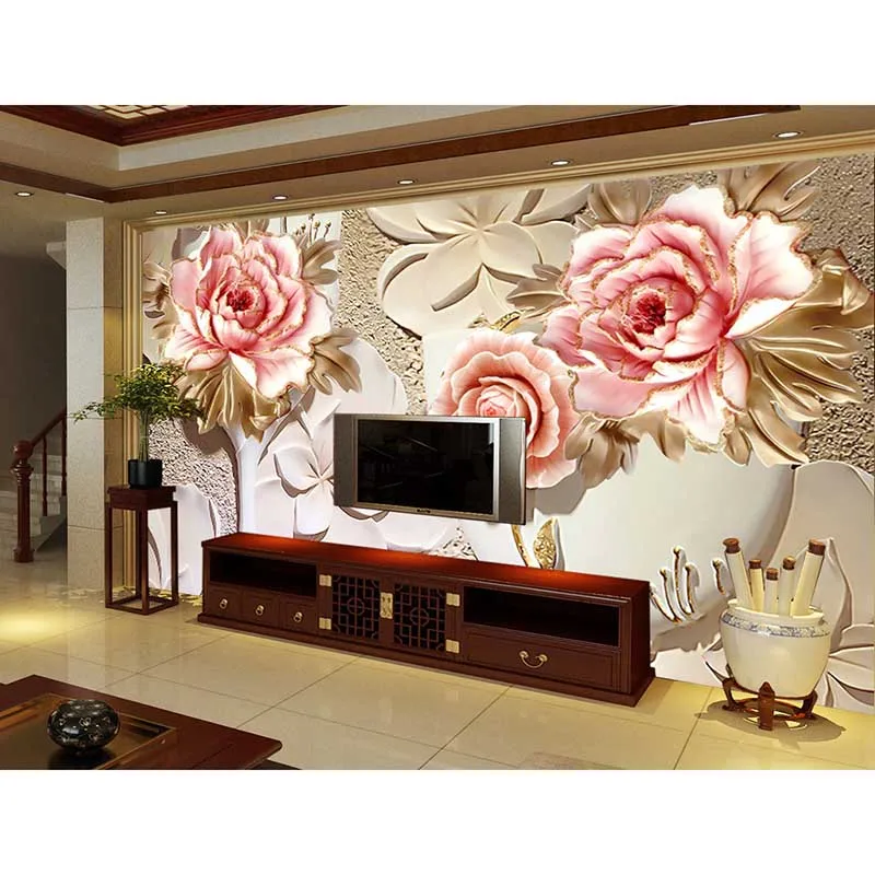 Оптовая продажа HD 3D Розовые розы обои на заказ нетканые для стен фото домашний