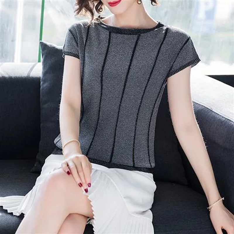 Женский тонкий свитер с люрексом хлопковый облегающий пуловер круглым вырезом и