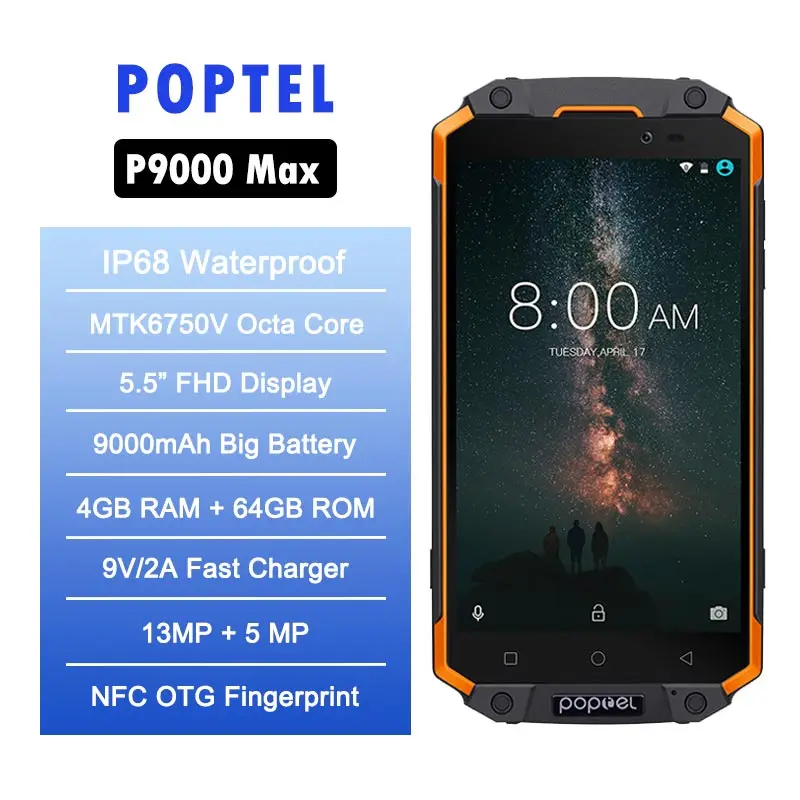 POPTEL P9000 Max 5.5&quot FHD 4GB 64GB IP68 MT6750V Octa Core 4G SmartPhone Waterproof shockproof 13MP NFC OTG Fingerprint |