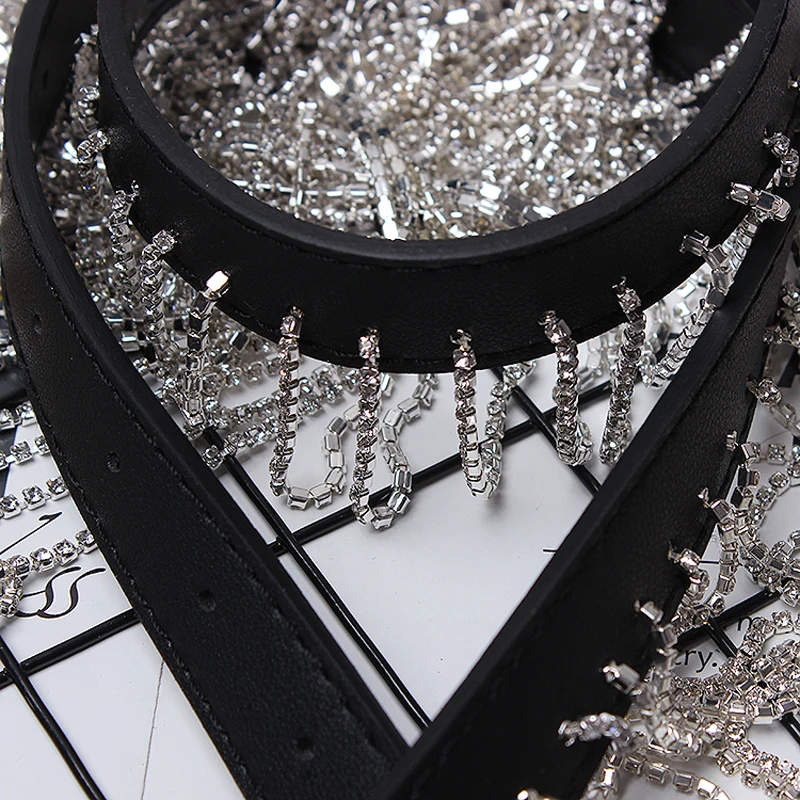 

New Luxury Long tassel Boho Fringe Crystal belt personality leather black belt women Silver Bling Waist Ladies Belts Accessory