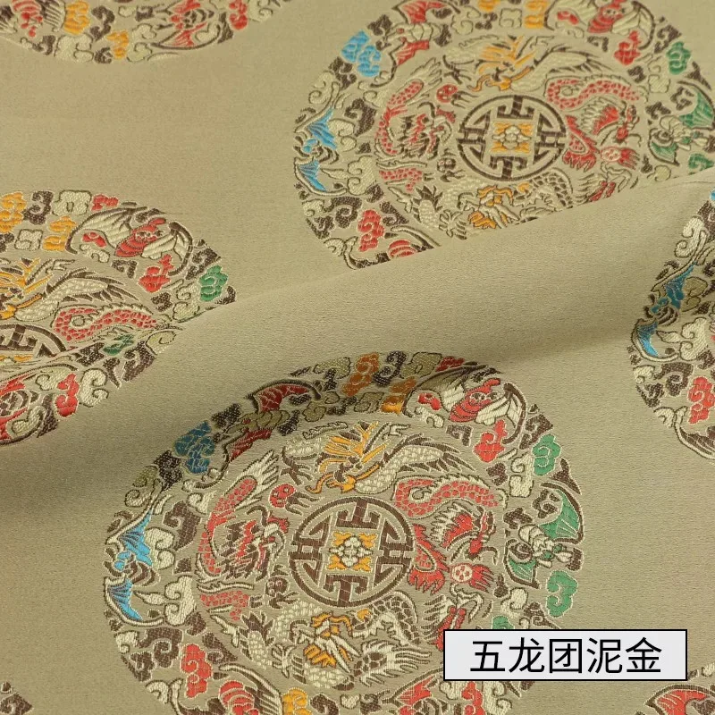 Five Dragon Gold Width 150cm Chinese Red Tang Suit Cheongsam Sheet Cloth Silk Like Damask Jacquard Brocade Metallic Fabric - Цвет: Five Dragon Gold