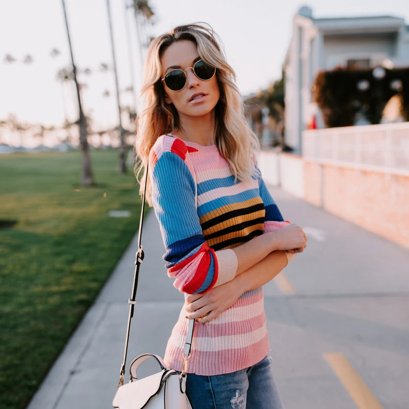 Fashion Striped Rainbow Sweater Women 2018 Autumn Winter Knitted Tops Sweaters Pullovers Long Sleeve Fitness Casual Jumper Femme | Женская