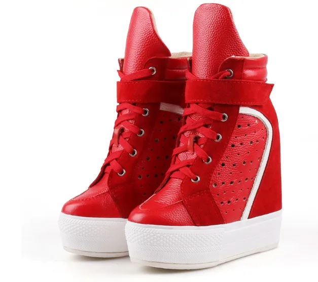 Women Sneakers Casual Platform Trainers Genuine Leather Shoes 14CM Heels Autumn Wedges Breathable Woman Height Increasing | Обувь