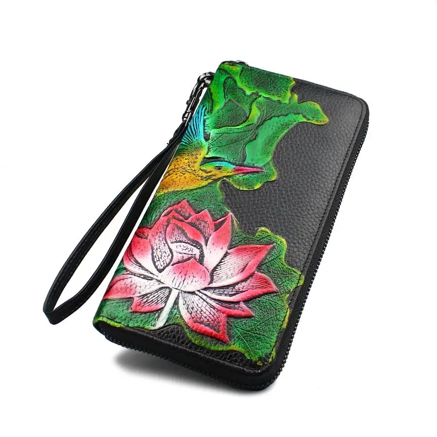 Lotus Кошелек женский натуральная кожа молния модные Цветок Длинный кошелек женская Праздничная обувь клатч женская кожана - Цвет: Lotus