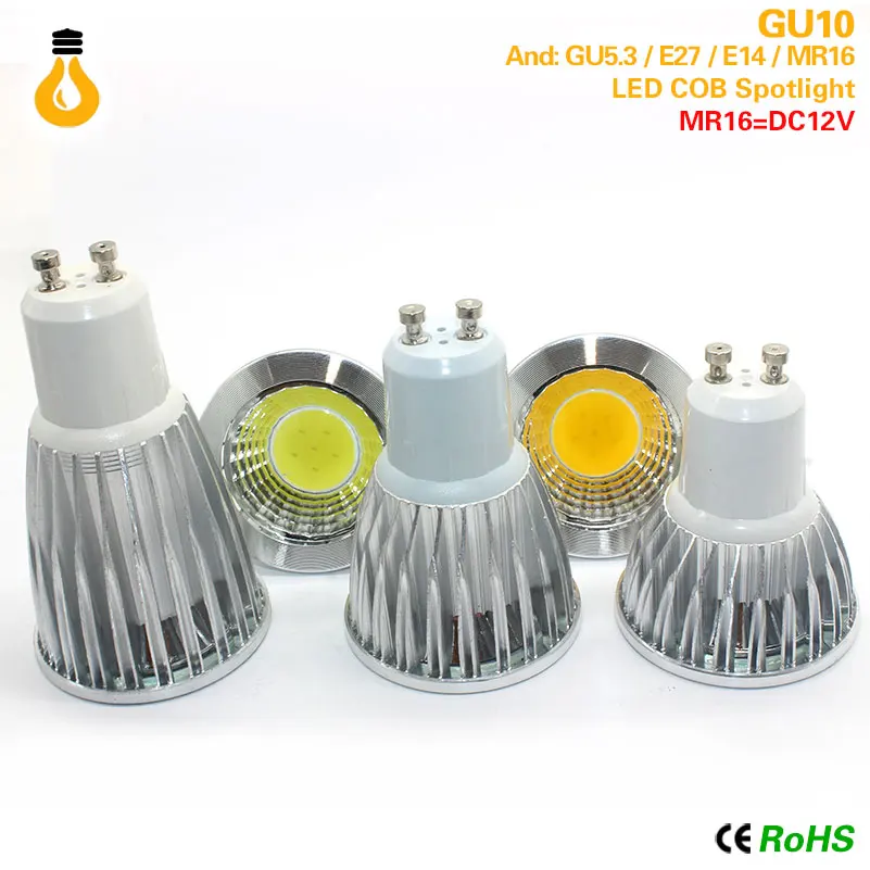 Bombilla de foco MR16 E27 E14 GU10 GU5.3 COB затемнения 7 ваттов 9 12 светодиодный alta potencia luz caliente/blanco