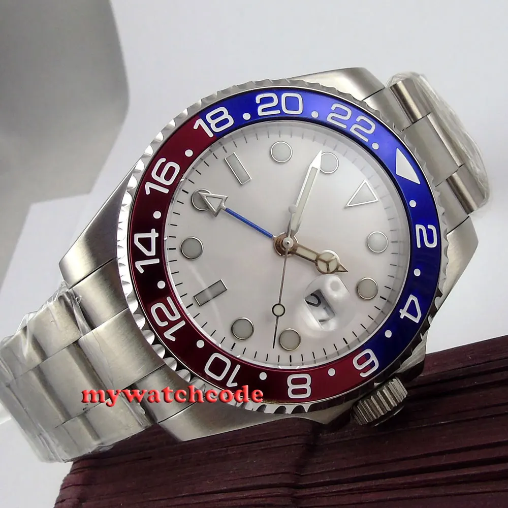 43 мм bliger стерильный белый циферблат синий световой GMT сапфировое стекло