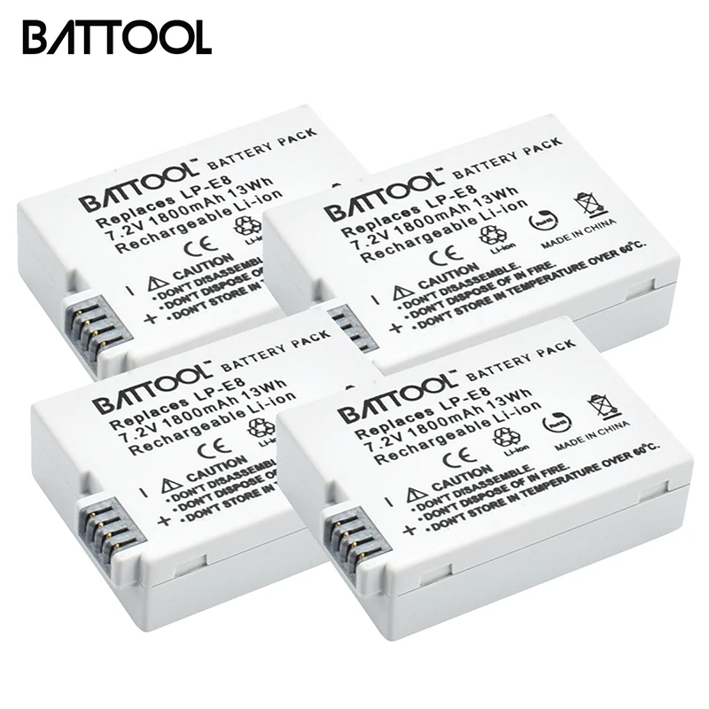 Batcool 4 шт. 7.2в 1800 мАч LP E8 Аккумулятор для Canon Rebel T2i T3i T4i T5i Kiss X4 X5 EOS 550D 600D 650D