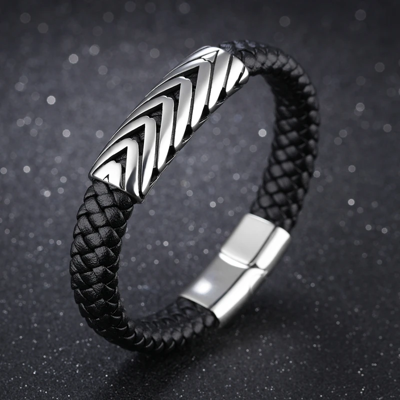 MOZO модные мужские ювелирные изделия черный кожаный браслет из нержавеющей стали