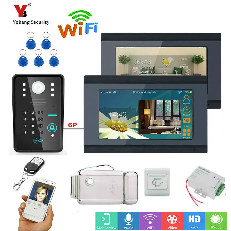 Видеодомофон Yobang устройство безопасности 7 дюймов 2 монитора проводной/Wi Fi RFID