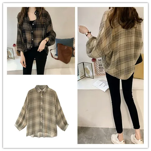 

2019 Women Chic Plaid Blouses AutumnLong Sleeve Shirts Fashion Style Chiffon Blouse Casual Tops Plus Size 4XL