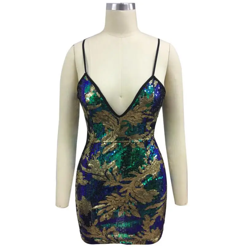 Novelty arrival high fashion festive dress female gold v-neck sleeveless sequins Autumn Green backless mini | Женская одежда