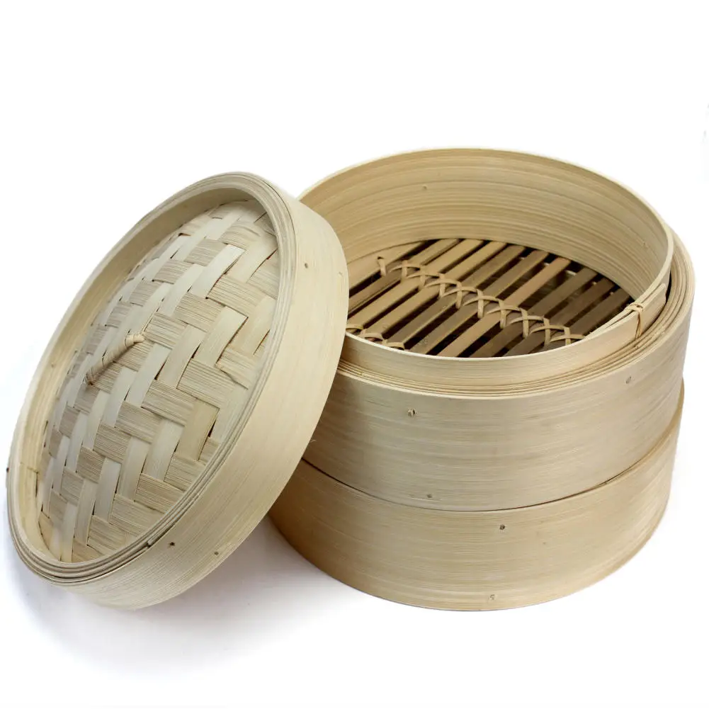 Пароварка из бамбука 2 уровня с паровыми корзинами и крышкой|bamboo steamer|dim sum2 tier bamboo