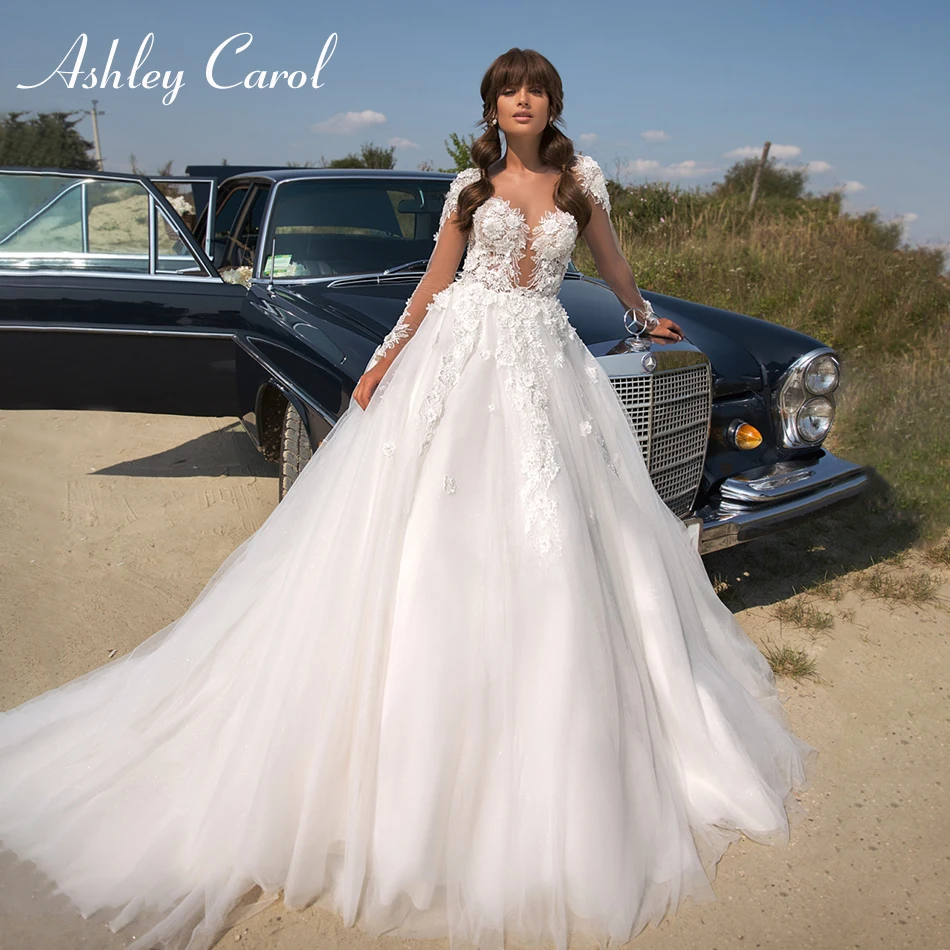 Ashley Carol Элегантный Эластичный длинный рукав кружева иллюзия черное свадебное платье бисером платье невесты Свадебные платья без спинки