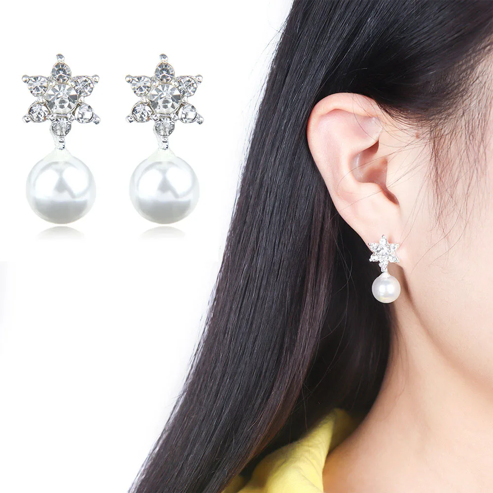 Crystal Zircon Hexagon Star Six Small Sun Imitation Pearl Stud Earring For Women brincos Simple Style Jewelry Gift Girl | Украшения и