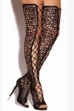 Новый 2016 Женские Сапоги выше колена пикантные Кружево бедро высокие