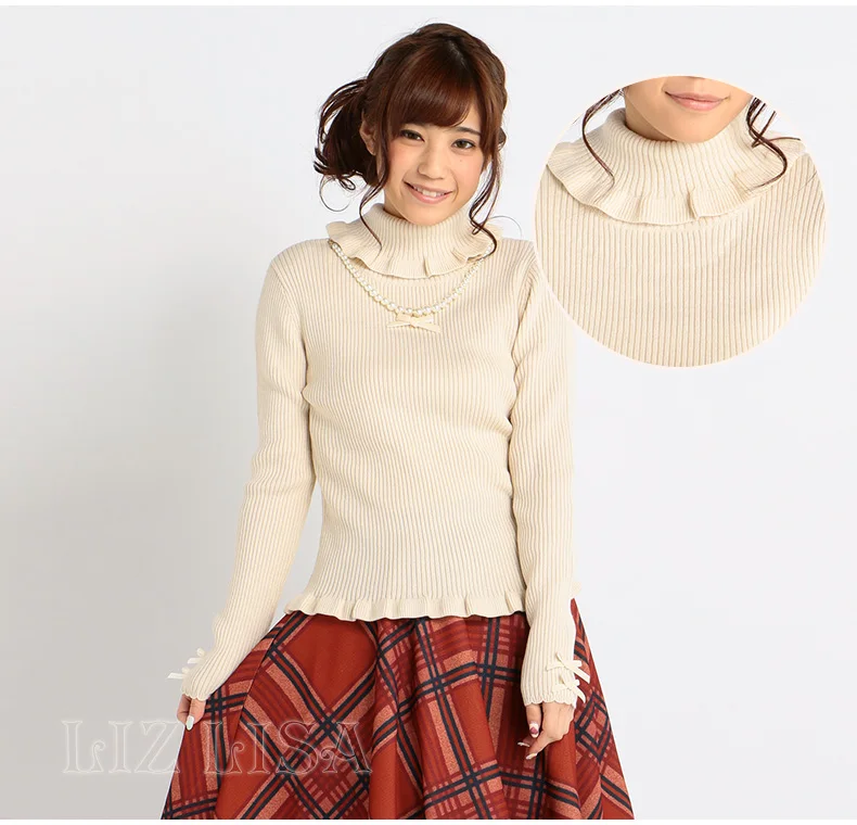 Liz Lisa 2015 new autumn half-collar fashion lace bow knit long-sleeved shirt female Japanese one size free shipping | Женская одежда
