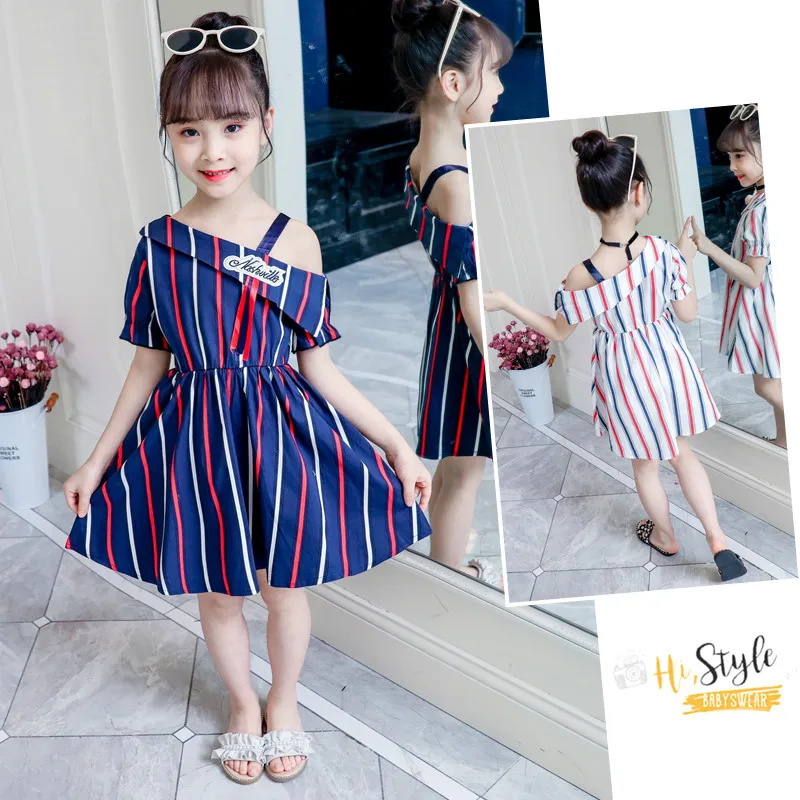 

Summer Girl One Shoulder Dress Striped Kids One Shoulder Dress For Girls Party Princess Fancy Clothing Navy White Color 4-13 Age