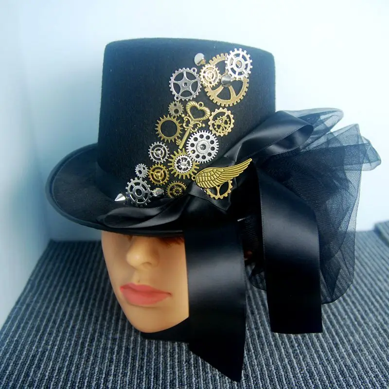 

Retro Halloween Hat Steampunk Gears Top Hats Wing Black Punk Fedora Gothic Ribbon Lace Headwear For Man/Women Hat Accessory