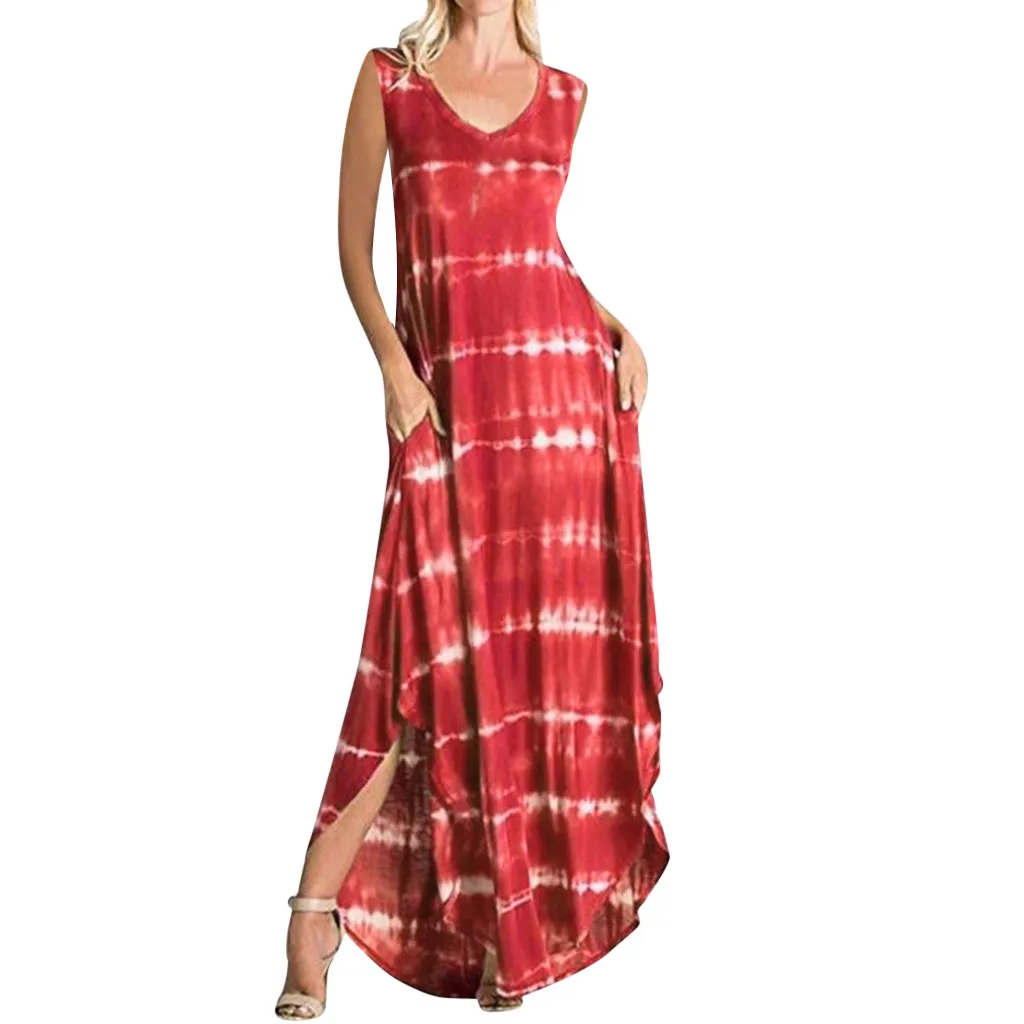 Женское платье без рукавов с круглым вырезом в полоску карманами асимметричным