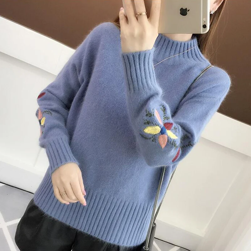 TIGENA Embroidery Turtleneck Sweater Women 2019 Winter Thick Warm Knit Sweaters and Pullovers Female Long Sleeve Jumper Ladies | Женская