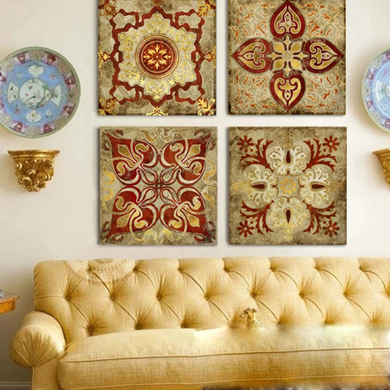 4 шт. Холст Искусство марокканский стиль Золотой Национальный индийский домашний