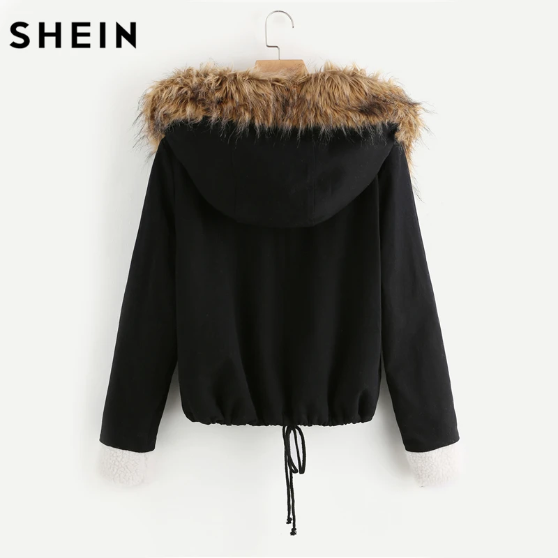 SHEIN Модная Куртка С Капюшоном, Куртка С Искусственным Мехом, Парка С Меховой Отделкой