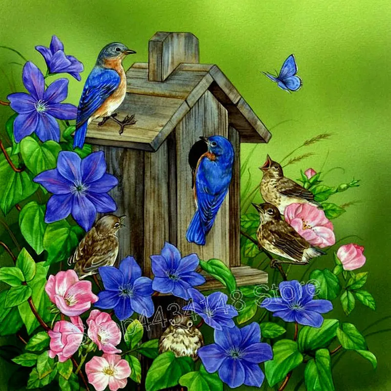ArtBack 5D DIY Diamond Embroidery Bird's nest Needlework Painting Cross Stitch Blue flower Rhinestones | Дом и сад