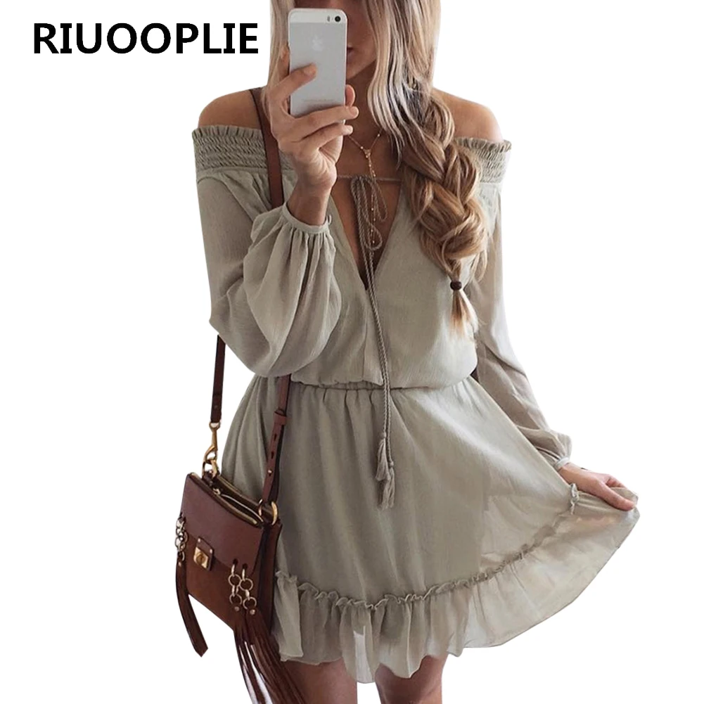 RIUOOPLIE пляжное летнее платье с открытыми плечами и длинным рукавом короткое