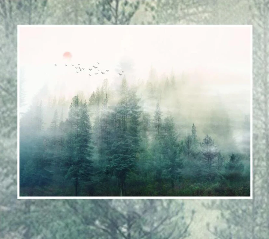 Декоративные обои туман сосна облако дальняя Гора летающая птица фон настенная