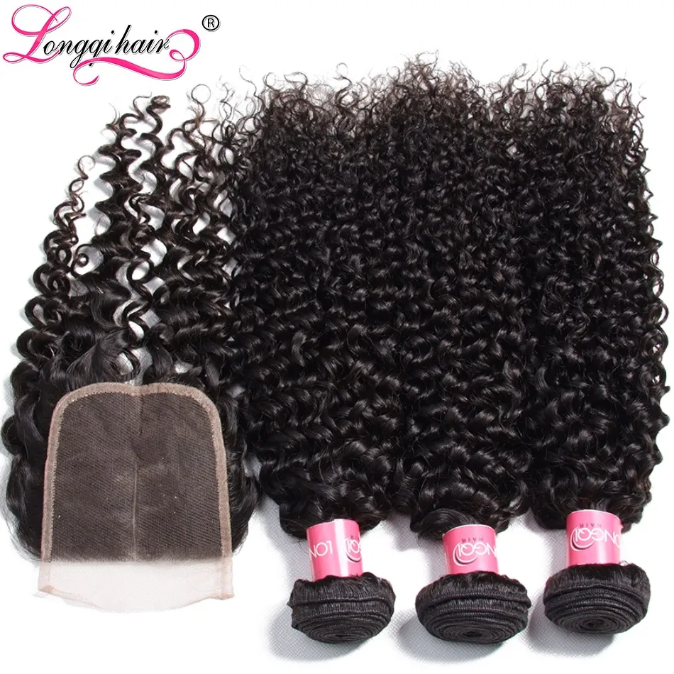 Longqi hair бразильский Реми человеческие волосы пряди с закрытием вьющиеся человеческие волосы 3 пряди с Закрытие 4x4 закрытие волос человеческие волосы переплетения
