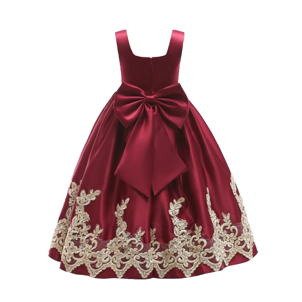 Petites filles/Бордовое платье принцессы для девочек, пышные платья с золотыми аппликациями для девочек, платье на день рождения, платье с цветочным узором для девочек