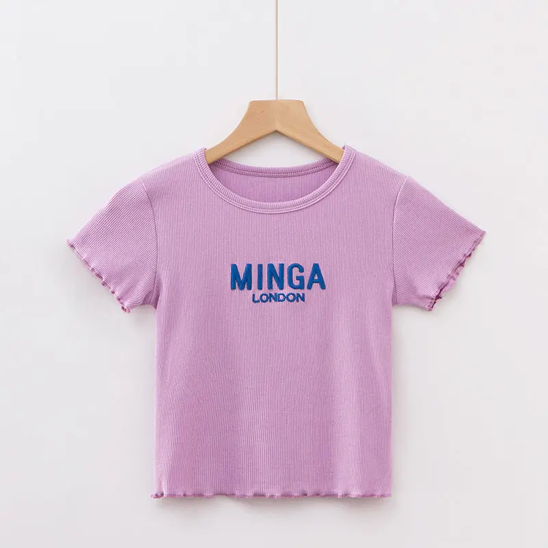 Harajuku vintage ins hot candy color purple orange white letters embroidery lace crop top tee tshirt YQ-1025