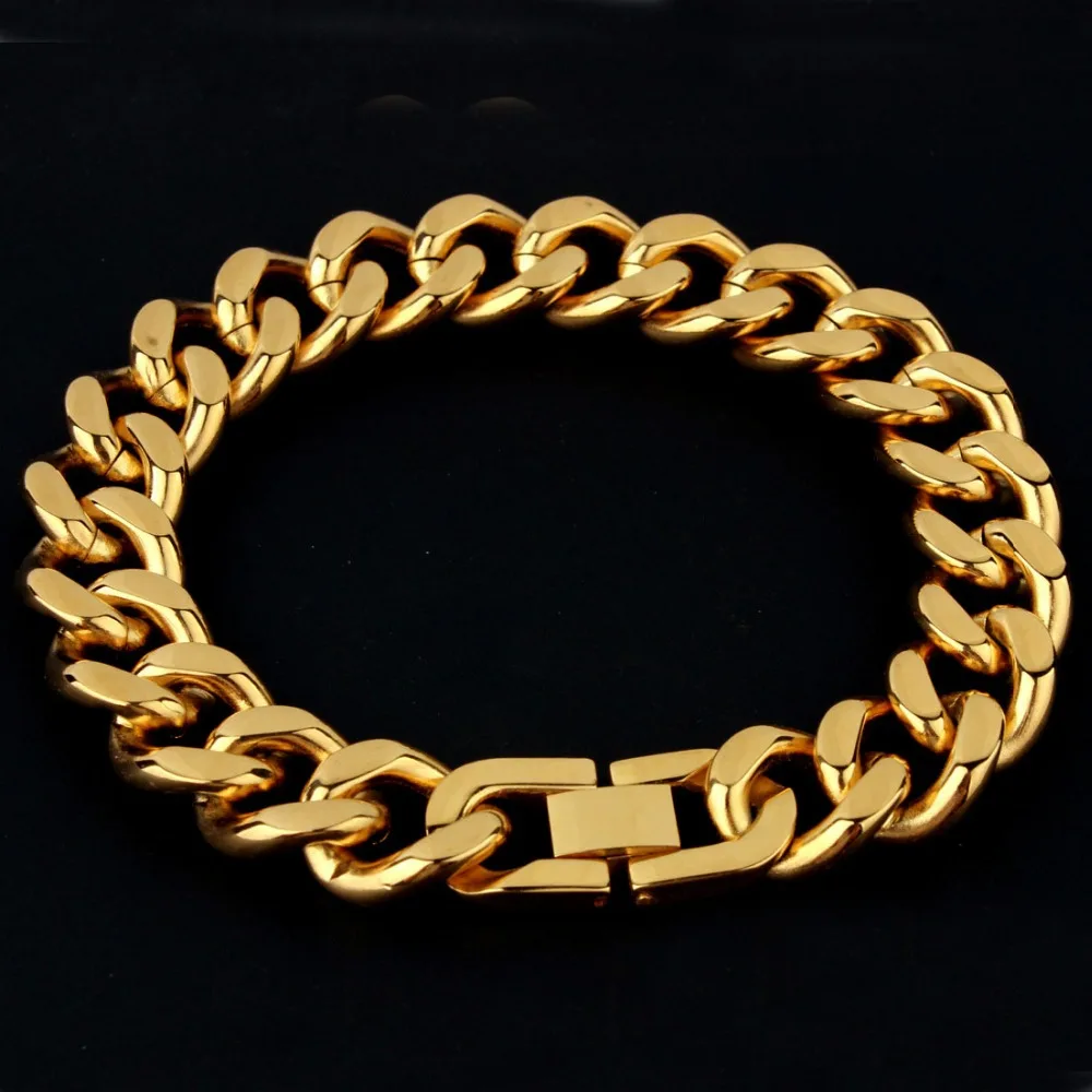 

Hip hop Mens Rock Polished DJ jewelry Curb Cuban Link Chain Bracelet 316L Stainless Steel Gold steel color Bracelet 15MM 23CM