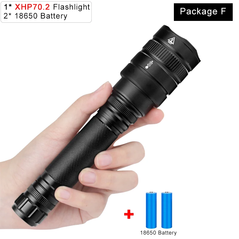 Package F Мощный светодиодный фонарь XHP70/XHP50 светодиодный фонарь с масштабированием, 5 режимов, водонепроницаемый фонарь для наружного освещения, для работы в кемпинге - Испускаемый цвет: Package F