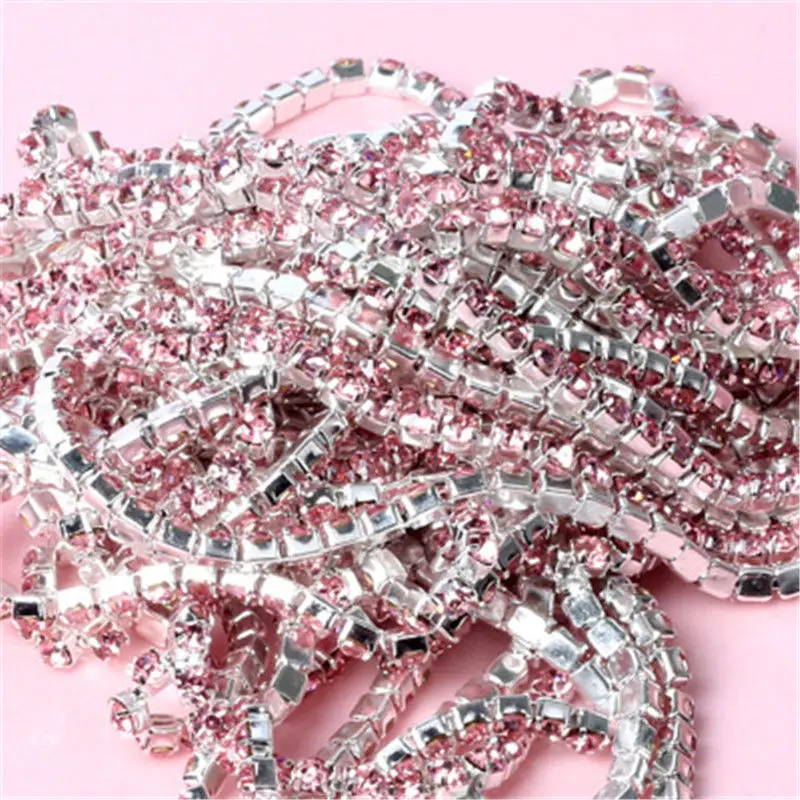 light pink 1 ярд, 17 цветов, SS6-SS12(2 мм-3 мм), серебряная основа, уплотненные Стразы, цепочка для рукоделия, стразы - Цвет: light pink