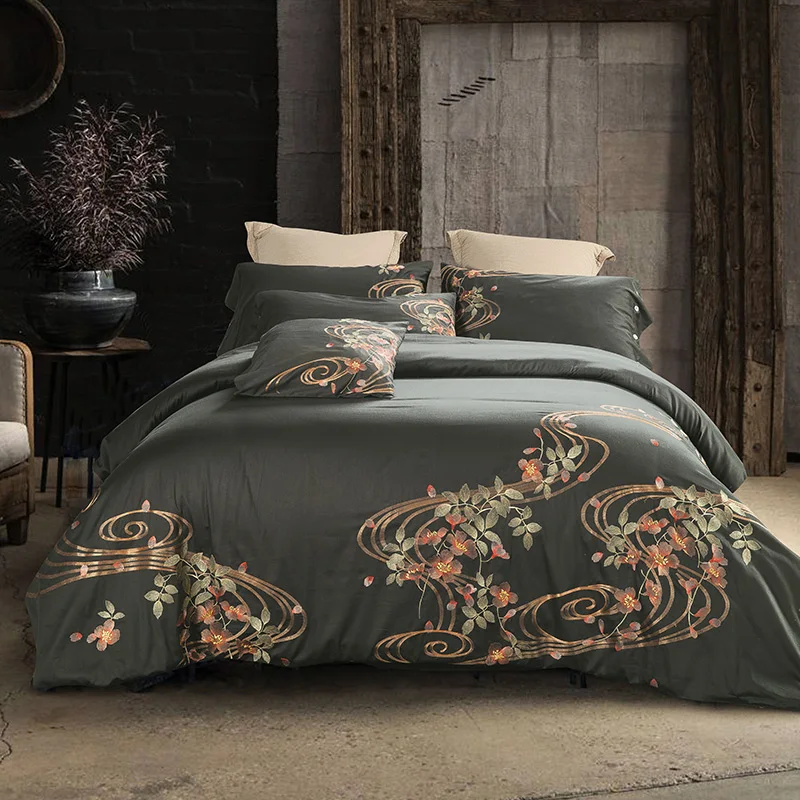 Комплект постельного белья из шелка и хлопка с вышивкой 4 шт.|sheet set|bed setbedding set |