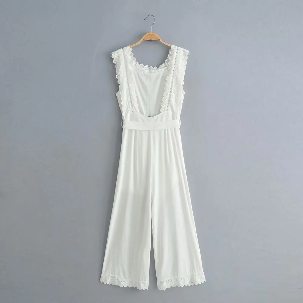 Винтажный хлопковый льняной женский комбинезон с оборками и вышивкой элегантный