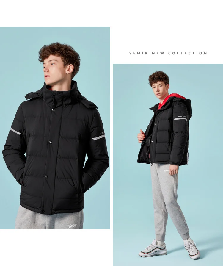 SEMIR Мужская стеганая легкая пуховая куртка с капюшоном с наклонным карманом на кнопках, Мужская Уличная пуховая куртка со съемным капюшоном