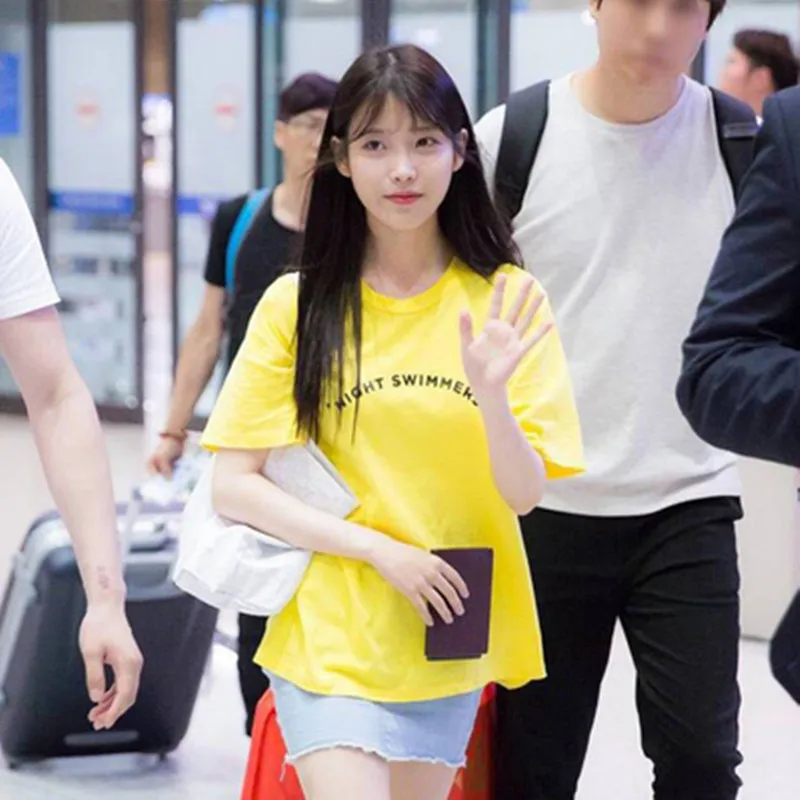 K pop Li Zhi en iu желтая футболка с короткими рукавами тонкая буквенным принтом