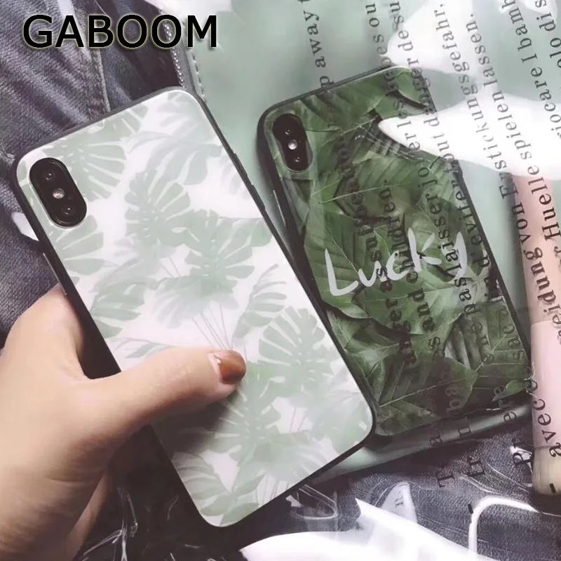 GABOOM Fashion Summer Green Leaves Tempered Glass Case for iPhone X 7 6 6s 8 Plus Hard Back+ Soft Edge | Мобильные телефоны и