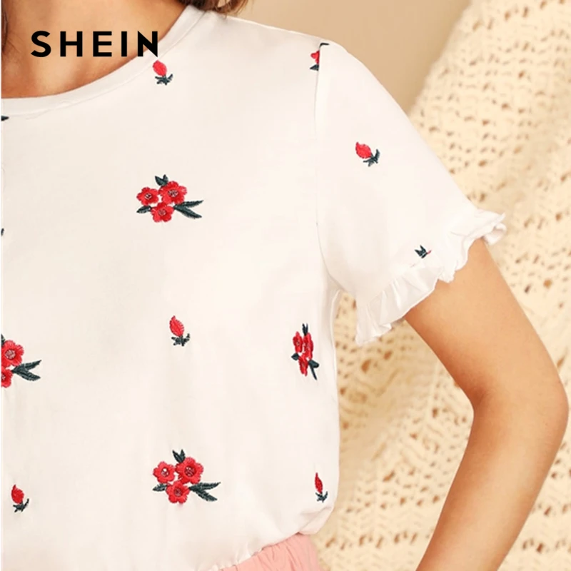 SHEIN Футболка С Цветочной Вышивкой И Оборками Весенняя Современная Женская Футболка С Круглым Вырезом