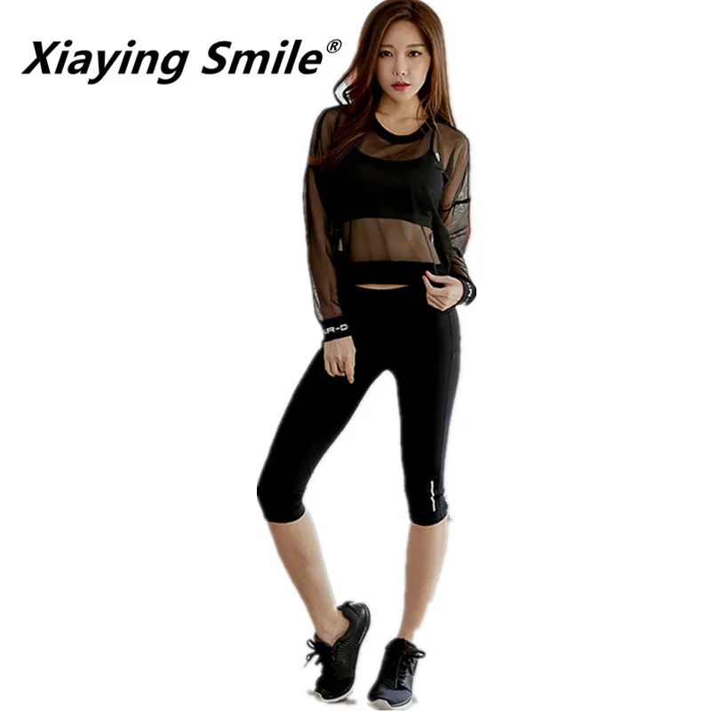 

Женский спортивный костюм Xiaying Smile, гренадиновый дышащий комплект для бега, йоги, летний Быстросохнущий Спортивный костюм для тренажерного ...