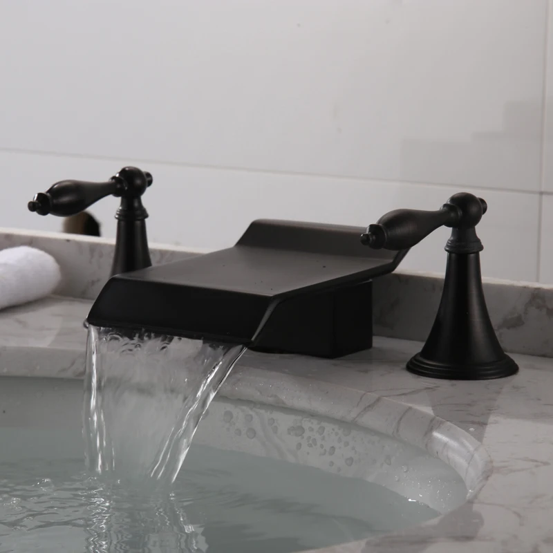 Newly 3 Piece Set Deck Mounted Brass Waterfall Style Black Bathroom Basin Faucet Hole Mixers WF0316 |