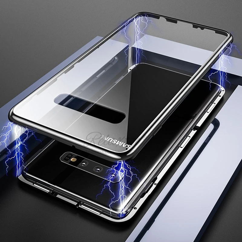 Магнитный адсорбционный чехол для телефона samsung s10 5G plus s10e двойное закаленное стекло задняя крышка чехол s 10 с разблокировкой отпечатков пальцев