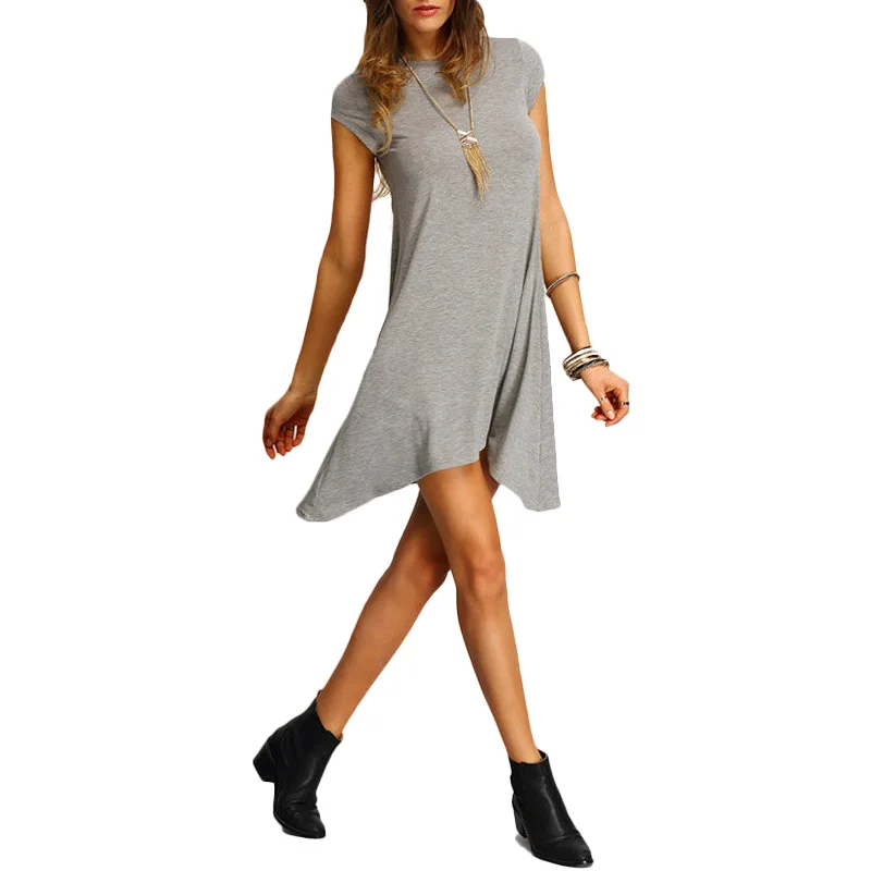 Модные женские летние серые платья с круглым вырезом и коротким рукавом